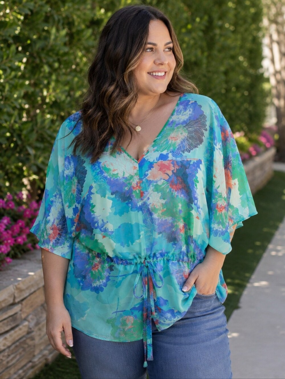 A.N.A New Approach Women's Sheer Floral Kimono Blouse Size 1X Aqua Blue
